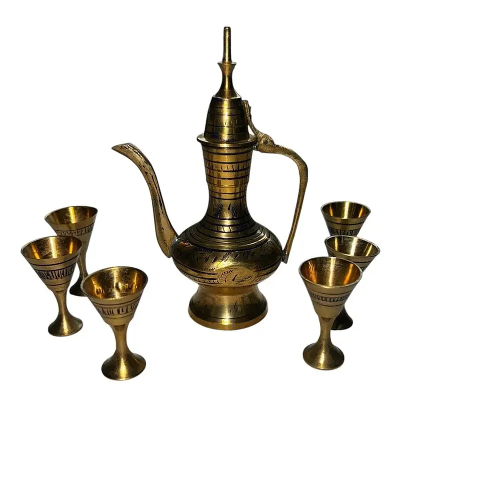 Vintage India Etched Brass Ewer Pitcher Decanter 6 Goblet Cup Set Ornate Boho